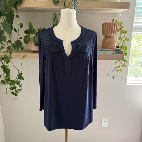 Daniel Rainn Anthropologie Navy Blue Sheer Yoke Long Sleeve Blouse Women M - Picture 1 of 10